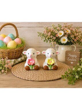 New Easter Sheep Lamb Holding Flowers Salt & Pepper Shakers Salt N Pepper